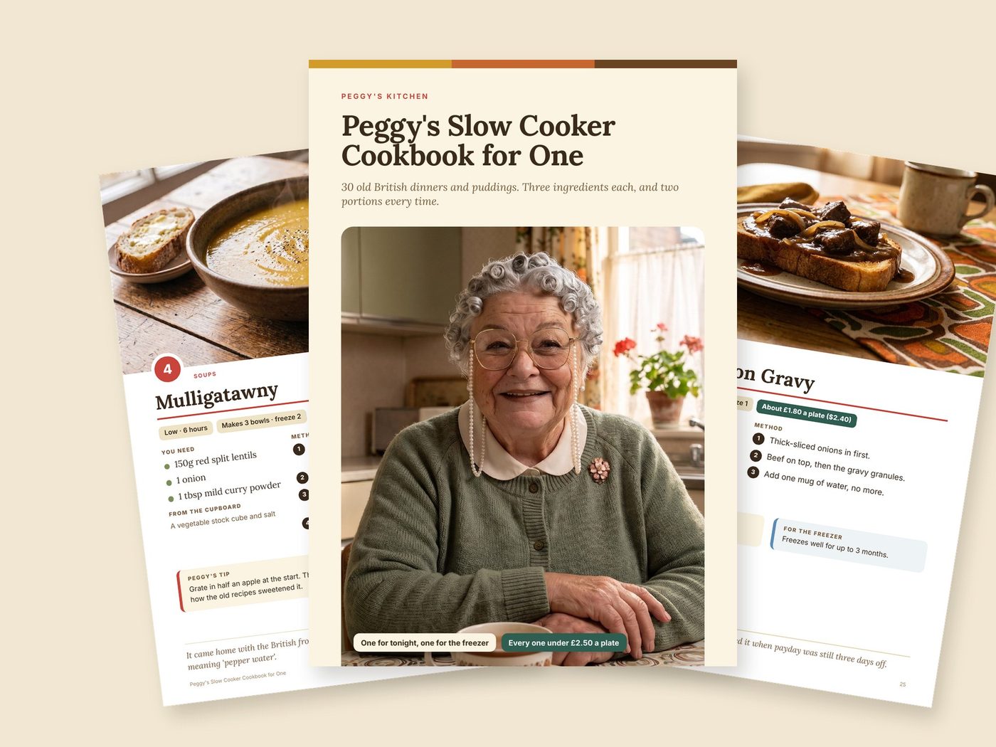 Pages from Peggy's Slow Cooker Cookbook for One: the cover with Peggy, a Mulligatawny recipe and Beef in Onion Gravy